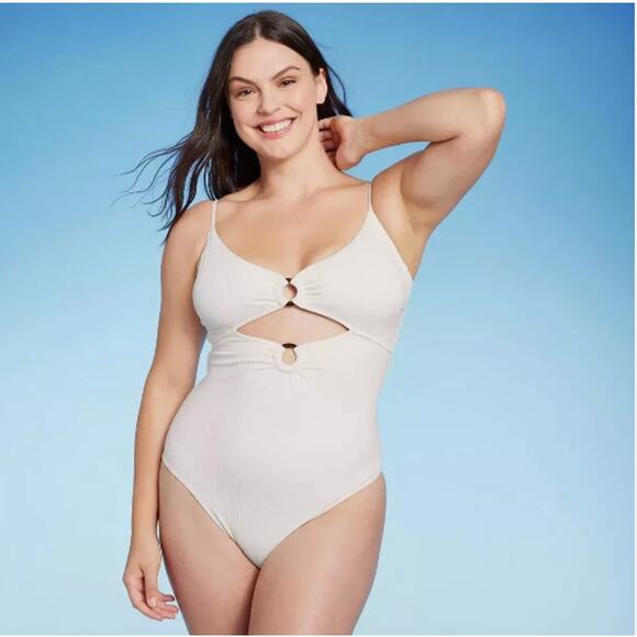 Shade & Shore Double O-Ring Front Lace-Up Back One Piece Swimsuit Off-White $40 - Picture 1 of 7